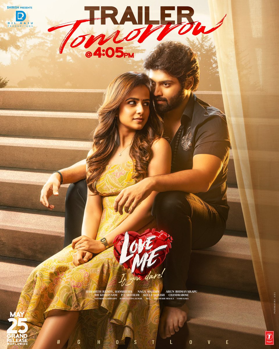 Vaishnavi_Chaitanya (@iamvaishnavi04) on Twitter photo Thrills and chills amidst a unique love story β€βπ₯
#LoveMeTrailer out tomorrow at 4:05 PM
#GhostLove π
<a href="/AshishVoffl/">Ashish Velamakucha</a> <a href="/mmkeeravaani/">mmkeeravaani</a> <a href="/pcsreeram/">pcsreeramISC</a> #ArunBhimavarapu <a href="/boselyricist/">chandrabose</a> <a href="/artkolla/">Kolla Avinash</a> <a href="/HR_3555/">Harshith Reddy</a> #HanshithaReddy <a href="/naga_mallidi/">Naga mallidi</a> <a href="/DilRajuProdctns/">Dil Raju Productions</a> @Tseries Thrills and chills amidst a unique love story β€βπ₯
#LoveMeTrailer out tomorrow at 4:05 PM
#GhostLove π
<a href="/AshishVoffl/">Ashish Velamakucha</a> <a href="/mmkeeravaani/">mmkeeravaani</a> <a href="/pcsreeram/">pcsreeramISC</a> #ArunBhimavarapu <a href="/boselyricist/">chandrabose</a> <a href="/artkolla/">Kolla Avinash</a> <a href="/HR_3555/">Harshith Reddy</a> #HanshithaReddy <a href="/naga_mallidi/">Naga mallidi</a> <a href="/DilRajuProdctns/">Dil Raju Productions</a> @Tseries