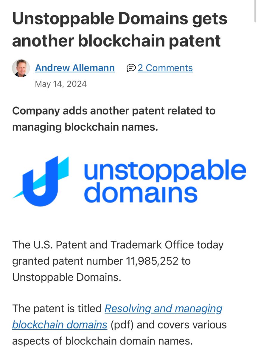 Unstoppable Domains (which famously stopped and refunded people who bought their .coin domain) has again patented open source technology. This is a new patent as of yesterday. 

At this point, it seems like patent trolling is UD’s main business model.