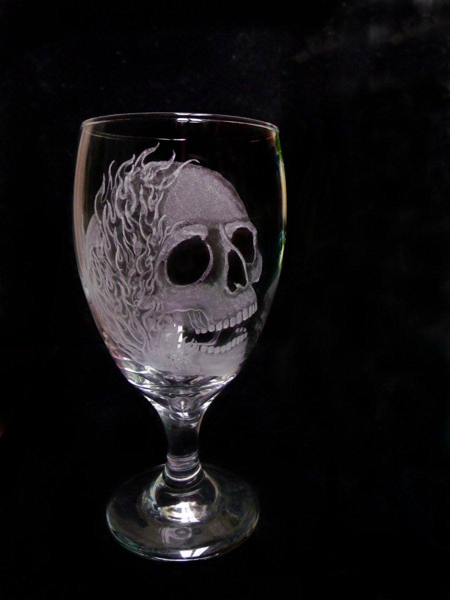 skull and flames goblet clear ready to ship wine goblet Hand engraved wine glass set of two tuppu.net/56ebd3f5 #dragoncore #tattooglass #glassart #skulls #bridal #love #wedding #fantasyart #yearofthedragon #HalloweenGlasses