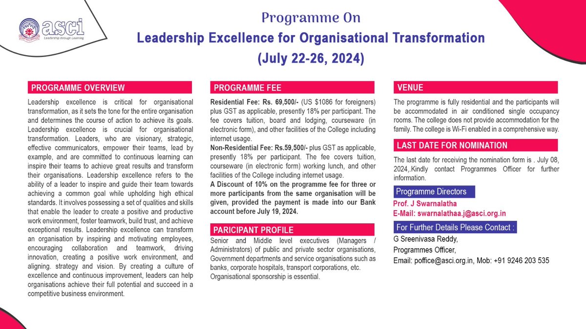 🌟 Unlock the Power of Leadership Excellence for Organizational Transformation. Join the prestigious Administrative Staff College of India for a transformative program tailored for leaders like you. Reserve your spot today!
