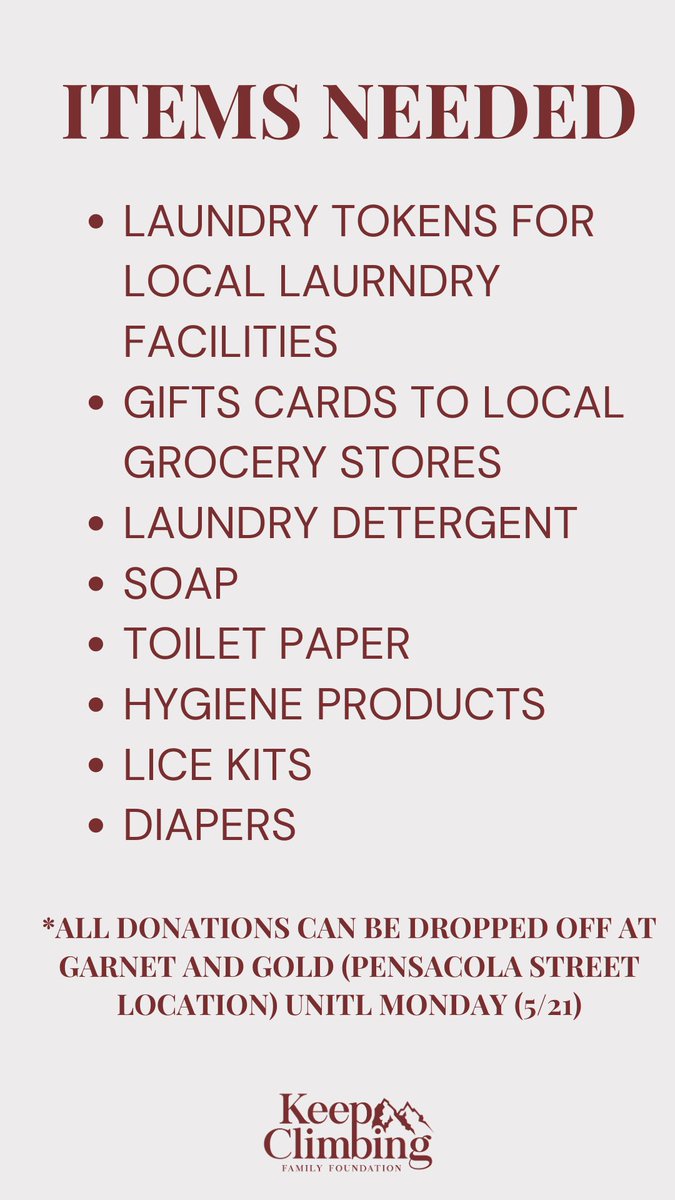 A great opportunity to #SERVE our community after the recent tornados in Tallahassee. Together we can help those affected rebuild and #KeepCLIMBing! 

Donations can be made in person at <a href="/garnetandgold/">Garnet & Gold</a> (Pensacola St) or online at donorbox.org/keep-climbing-…