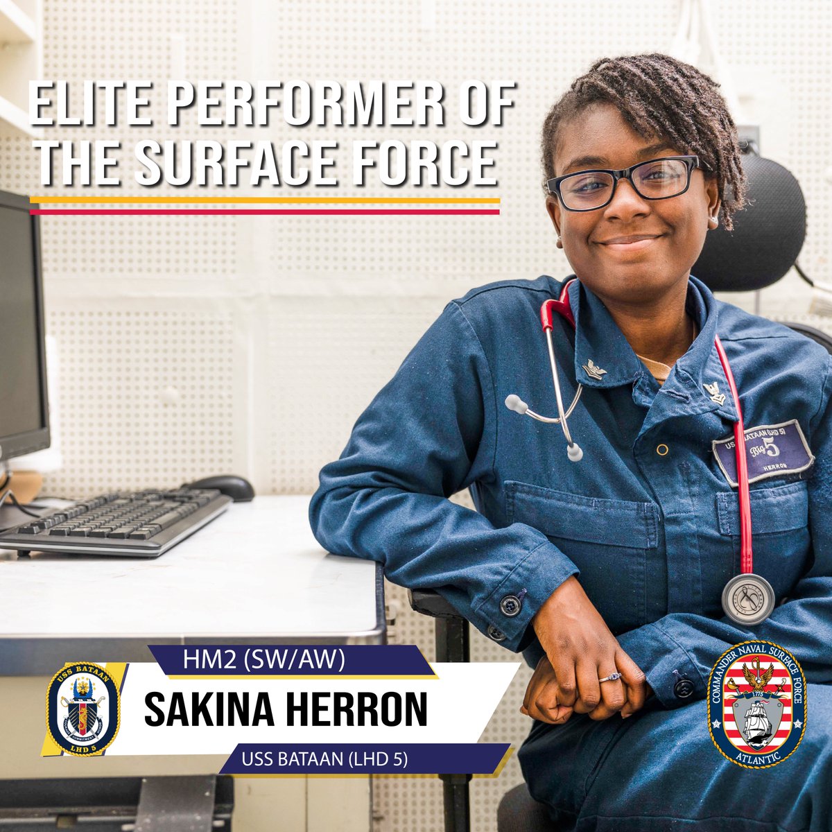 Congratulations to HM2 Sakina Herron aboard USS Bataan (LHD 5) on being SURFLANT's Elite Performer! BZ! 🥳🎉🎊

#SurfaceWarriorCulture #SURFLANT #USNavy #CNSL