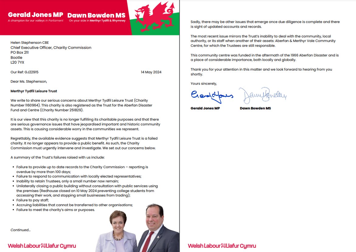 ❌ Merthyr Leisure Trust is a failed charity. The closure of @RedhouseCymru, issues at Aberfan Leisure Centre, & treatment of staff have rightly been causes of considerable concern. @Dawn_Bowden & I have asked the Charity Commission to step in to protect our community assets.