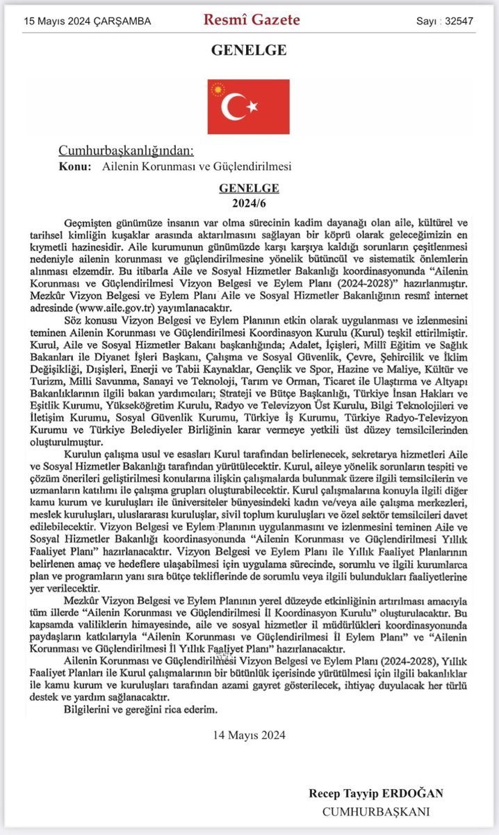 Sayın cumhurbaskanim Recep Tayyip Erdoğan aile bakanliği tarafından açıklanan genelge 
Aile ile ilgili hiçbir mağduriyeti cozmemekte toplumsal sorunların çözümunu hiçbir şekilde karsilamamaktadir.
#süresiznafaka çozumu yoktur 
Tektarafli velayet çözümü yoktur .