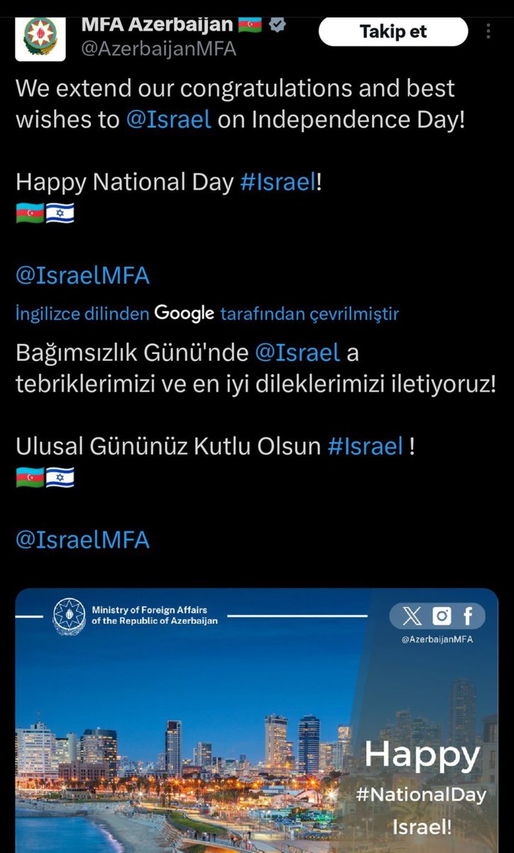 Katil İsrail'in Siyonist dostu Azerbaycan'ın Dışişleri bakanlığı resmi X sayfasında;

'Bağımsızlık  gününde İsrail'e tebriklerimizi ve en iyi dileklerimizi iletiyoruz. 
Ulusal gününüz kutlu olsun İsrail ' şeklinde paylaşım yapılmış!!!

Allah sizin bel*nızı versin!