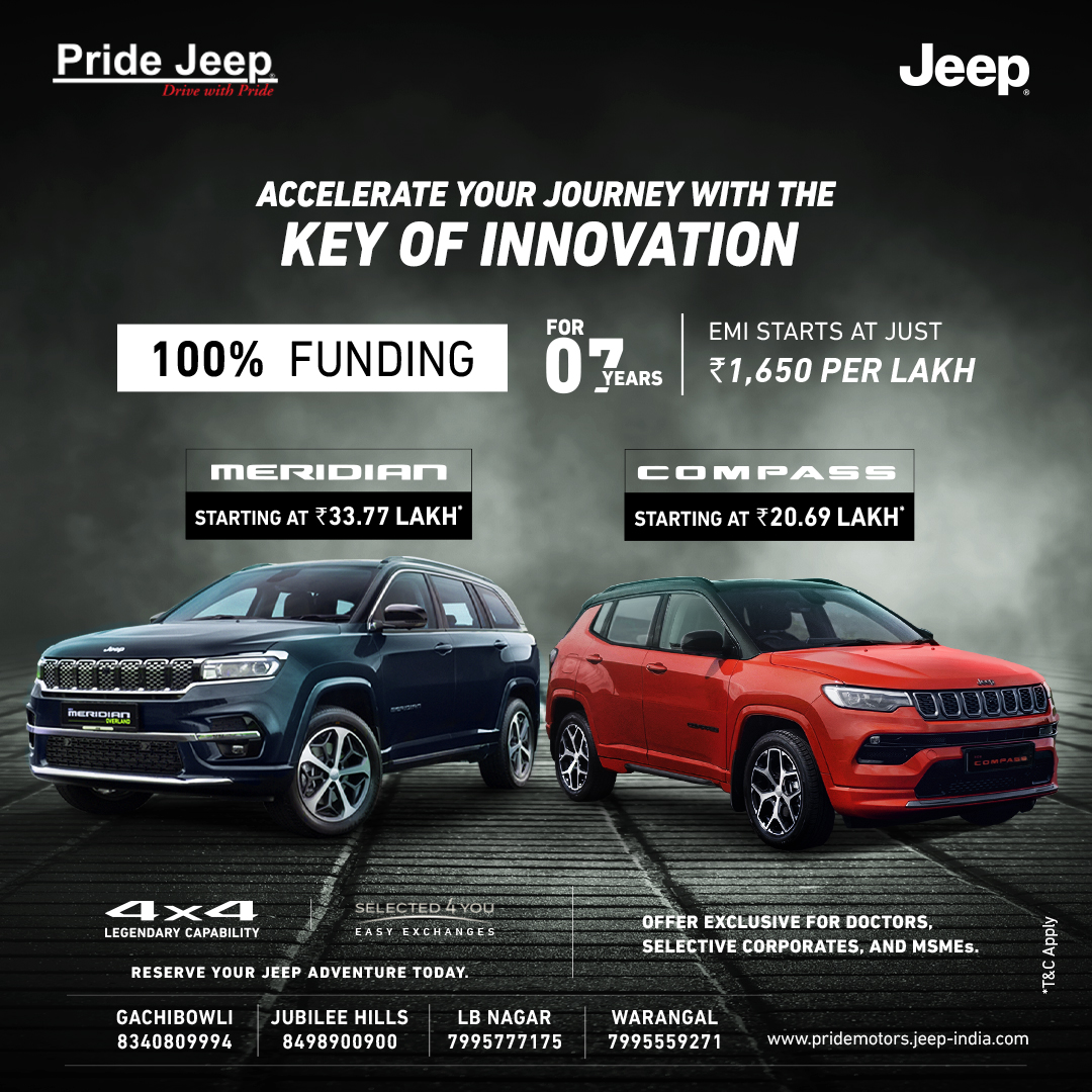 Let your SUV do the talking! Own your beast at the best price with our exclusive offer, valid for a limited time.

#Pridejeep #PrideJeepHyderabad #jeepcars #jeeplife #jeepcompass #jeepcompassindia #jeepmeridian #jeepmeridianindia #compass #jeepsuv