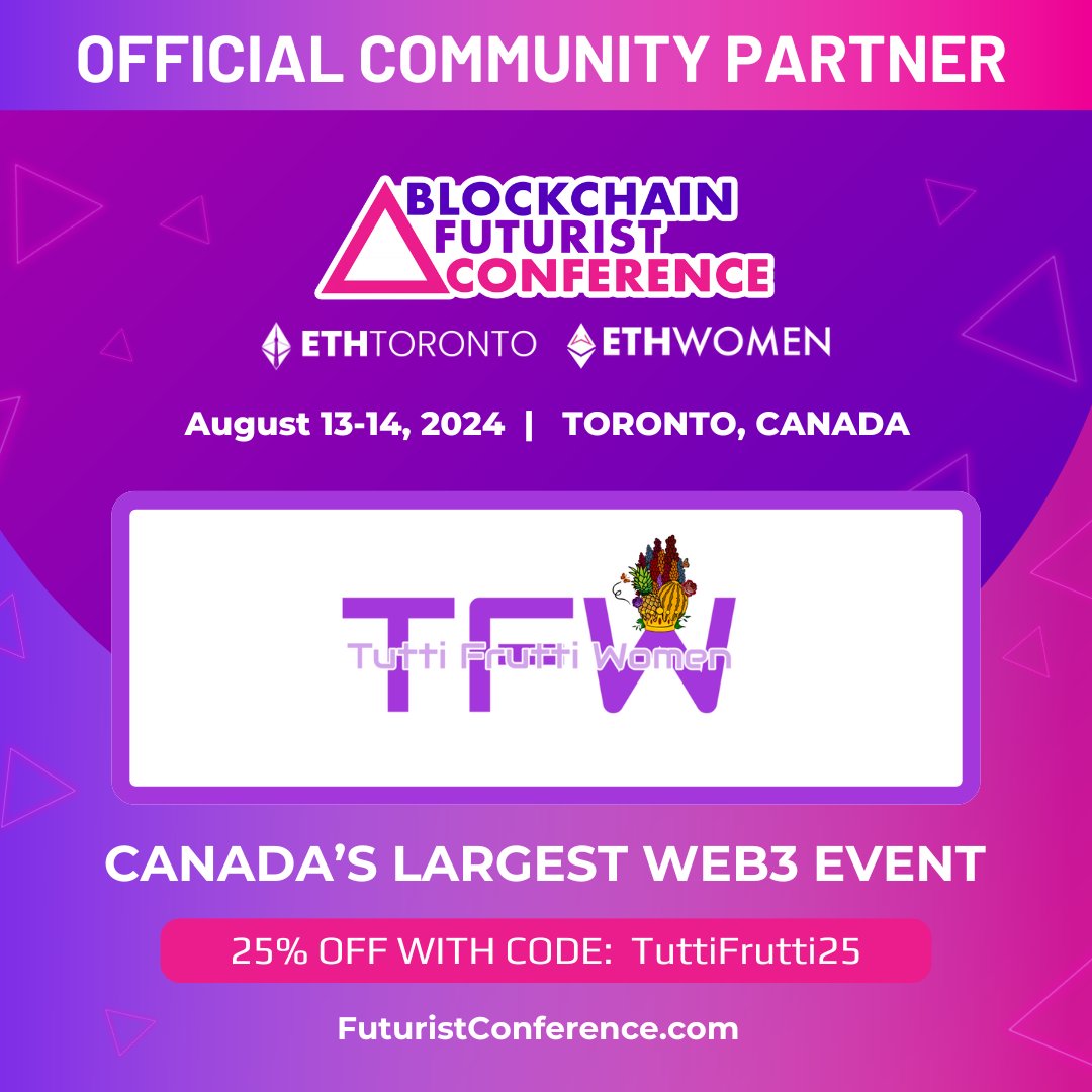 📢Tutti awesome news!😍 We're thrilled to announce our partnership with the @Futurist_conf, @ETH_Toronto, @Ethereum_Women. Queens: apply to be a hacker or attendee at Eth Women for FREE!👑 Need a full ticket? Use our promo code to get 25% off. Registration links below. 😍
