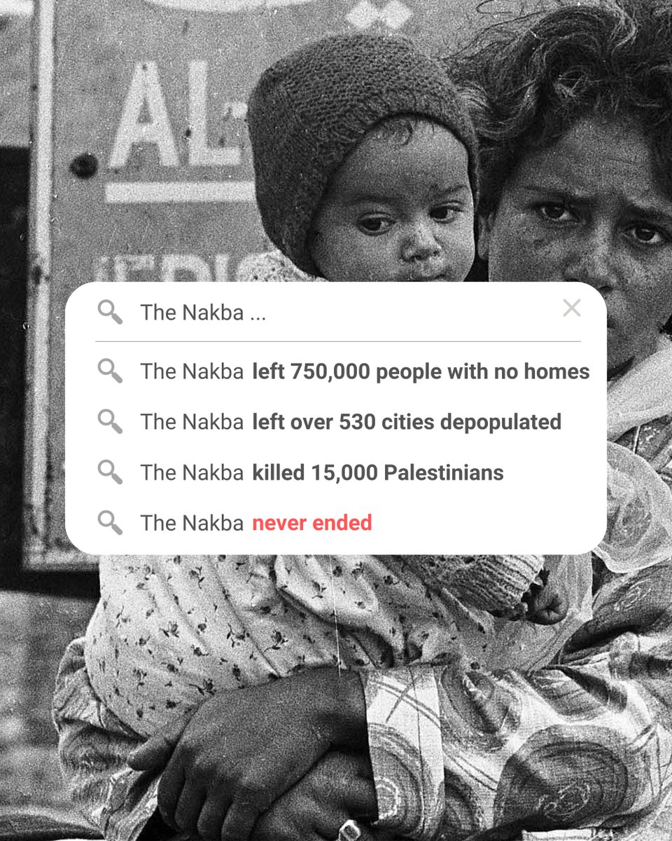 May 15, 1948 was the day that over 75,000 Palestinians were forced and driven out of their homes in Palestine by the zionist occupation. Over 530 towns were and cities were completely depopulated and 15,000 humans were killed. The oppression you’re seeing today in Gaza and the