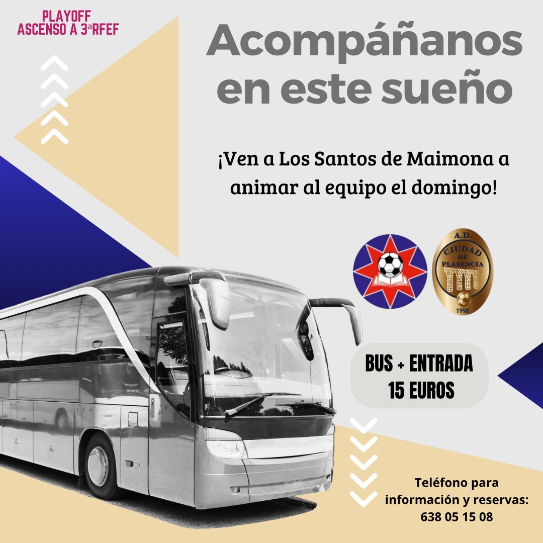 ☝🏼 ¡𝔸𝕔𝕠𝕞𝕡𝕒́𝕟̃𝕒𝕟𝕠𝕤 𝕖𝕟 𝕖𝕤𝕥𝕖 𝕤𝕦𝕖𝕟̃𝕠! 💜💚

🙌🏻 Os necesitamos el domingo en la grada apoyando al equipo para seguir adelante en estos Playoffs de ascenso

🚌 Viaje en autobús a Los Santos de Maimona + Entrada al partido ➡️ 15 euros