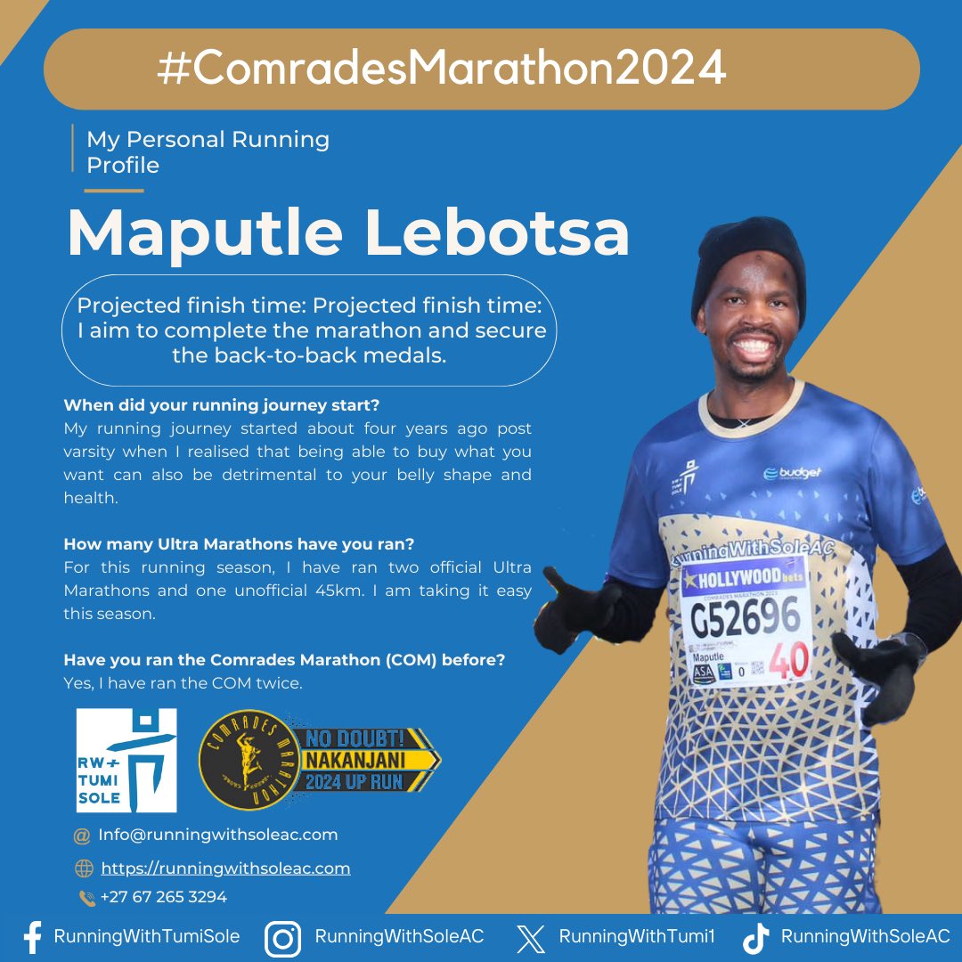 Runner profile 7/28✨

Meet @Nape_L, who wants nothing to do with getting out of shape, and running ensures that his always looking good. The member will be representing the club and @budgetins at the 2024 Comrades Marathon @comradesmarathon. 

We are looking forward to watching…
