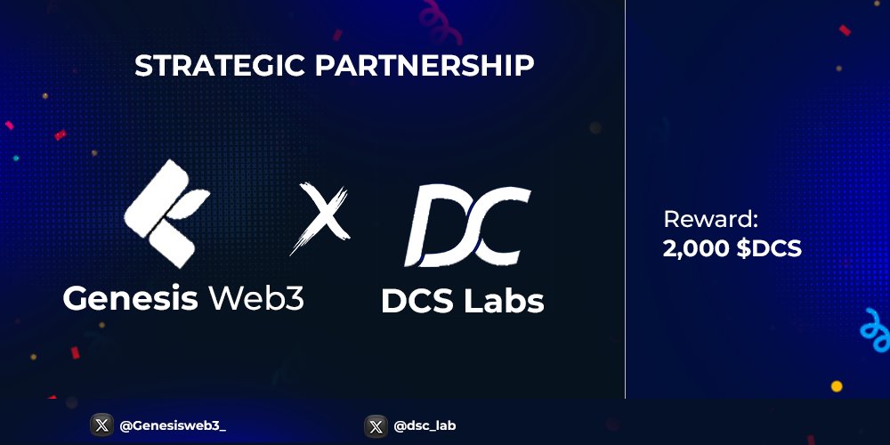 ⭐️ Join the GenesisWeb3 & DSC Tokens Giveaway! ⭐️
  
💲 100 winners for 20 DSC Token each.  
⏳ Ends in 72 hours   

To enter:  
1️⃣ Follow @dsc_lab &  @GenesisWeb3_ 
2️⃣ Join Telegram: t.me/dsc_lab & t.me/GenesisWeb3 
3️⃣ Fill out: forms.gle/C21HWhMD1HsdSK… 

Take…