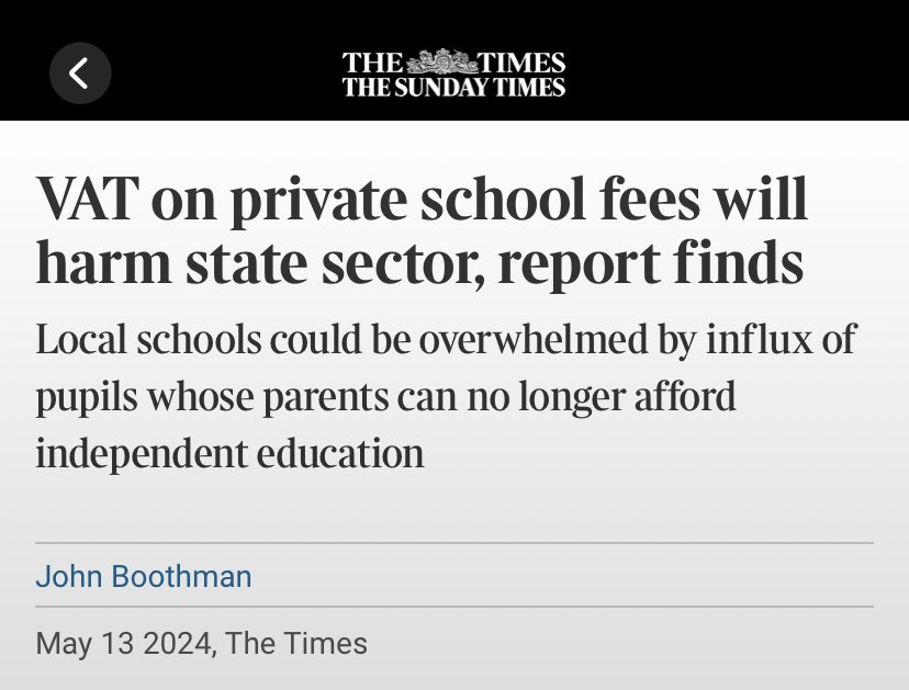 There is nothing I hate more than disingenuous nonsense. This headline is hilarious. I don’t want VAT on private school fees but there should be. At least I don’t lie about it. The only thing that would happen to local schools is they’d have to be brought up to scratch.