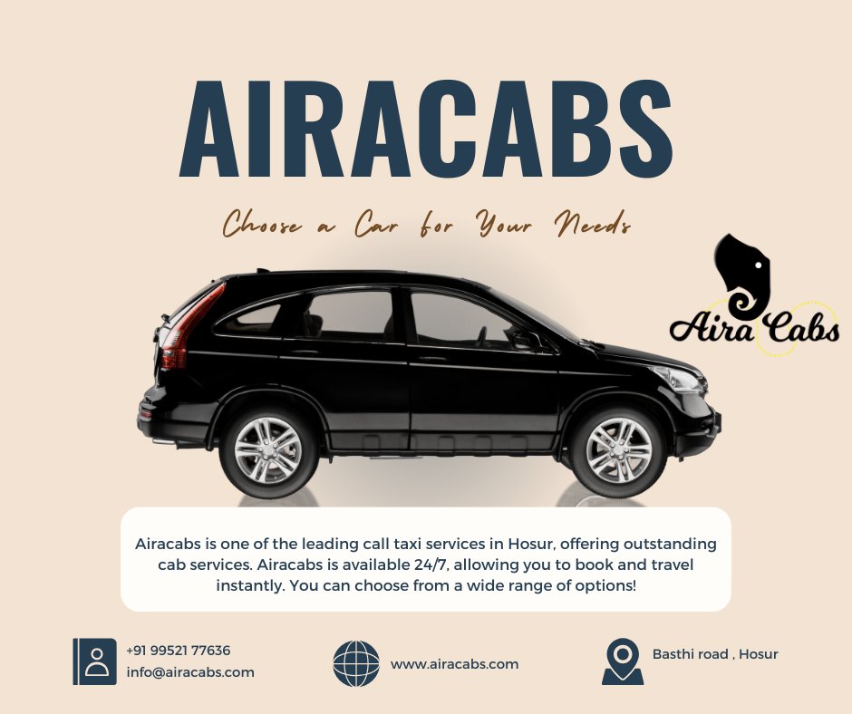 Airacabs, located in Hosur, provides high-quality taxi services to meet various needs. We specialize in airport taxi pickups and drop-offs, offering excellent service at affordable rates. 
#airacabs #taxi #taxiairport #taxicab #taxiservice #cabsnearme #cabs #cabservice