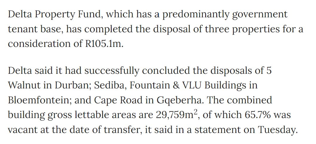 Delta does deal at R105 million for office portfolio. Vacancy in the sale was 66% EMPTY. 
Realised sale price R 3500/sqm....sounds like a good entry price for a office to residential conversion to me? 
What prices are you +27 guys seeing buy to convert going through at.
*Article