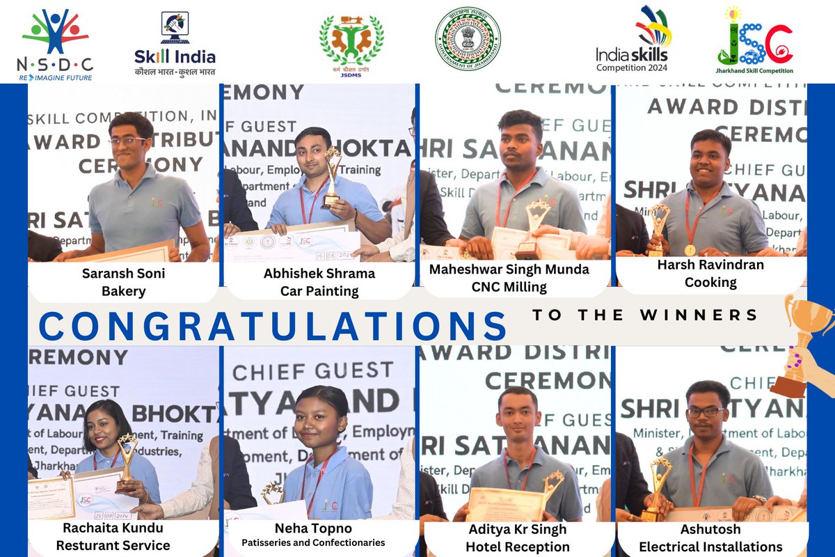 Congratulations to the winners of the Jharkhand State Skill Competition who are representing Jharkhand in India Skills being organised from 15-19 May @ national level. Best wishes to them! 
#Indiaskills2024 #SkillIndia #SkillSeJeetengeDuniya #ProudIndia