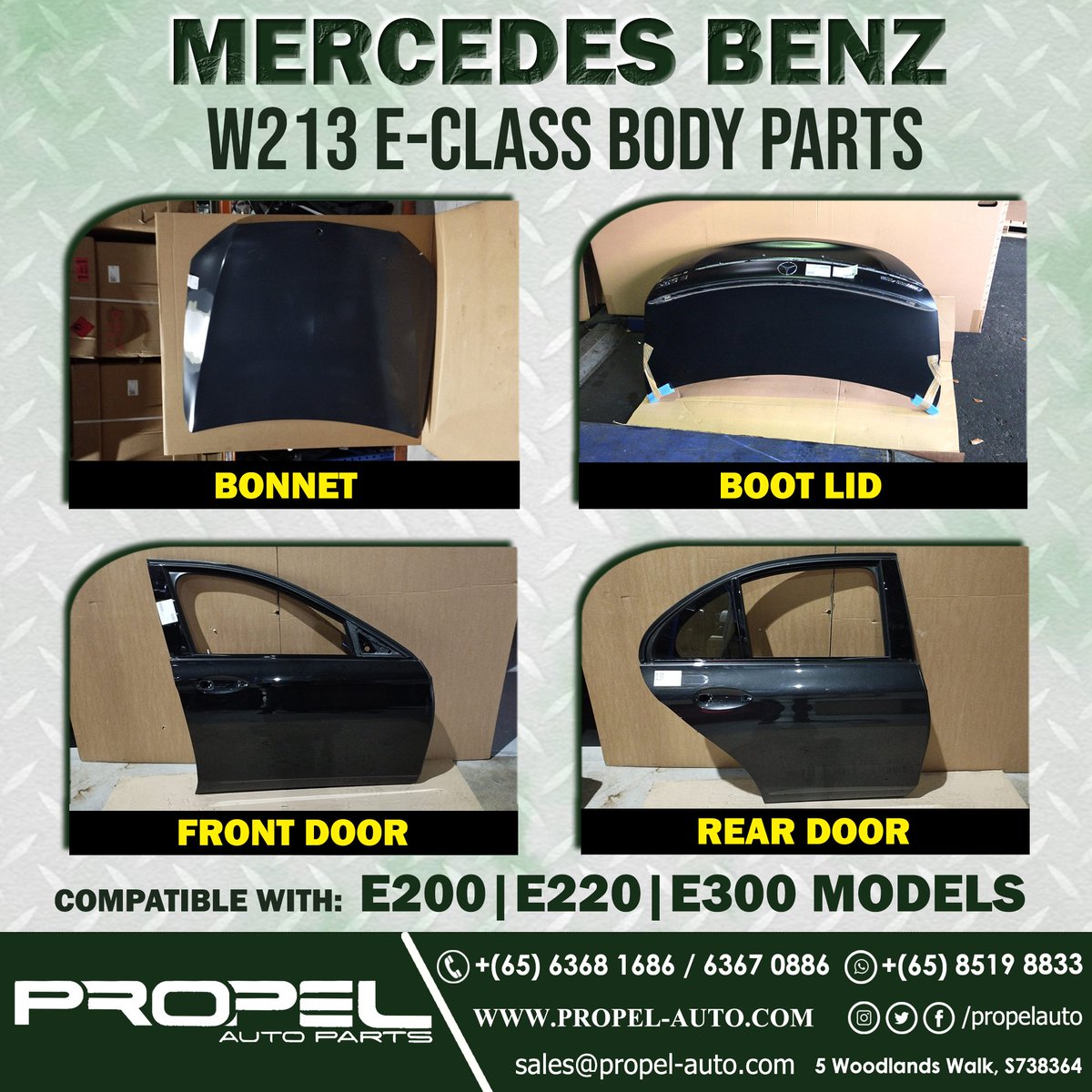 Mercedes W213 E-Class Body Parts - New Stocks available #ForSale Ping us & Shop Genuine BodyParts for your Accidental Car🤗🚗 #W213 #E200 #E250 #E300 #Bonnet #Hood #Bootlid #Trunklid #Doors #doorShell #SGcars #UsedParts #PropelAuto #SingaporeRetailer #Mercedes #Ping #ShopNow