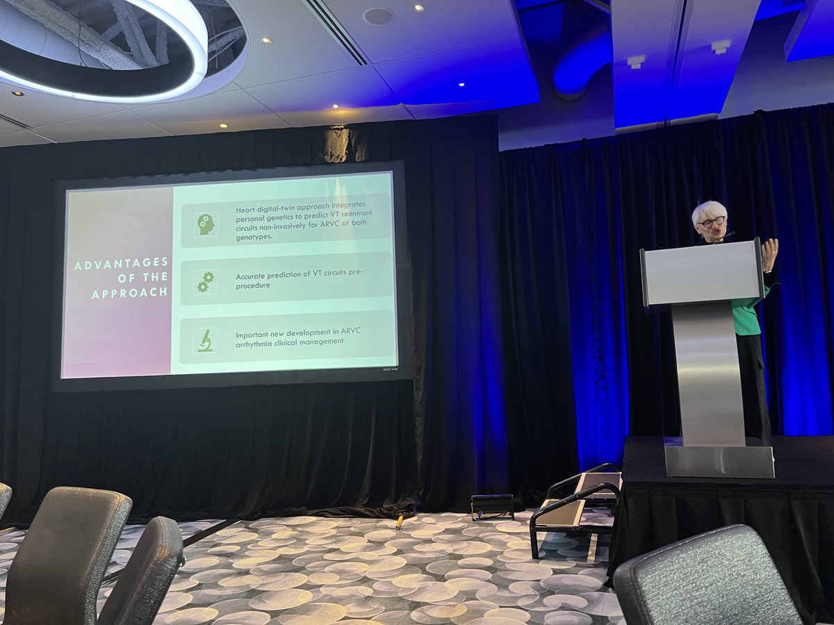 Natalia Trayanova presents at 2024 Stanford Biodesign New Arrhythmia Technologies Retreat in Boston about digital twins to identify the VT circuits in ARVC