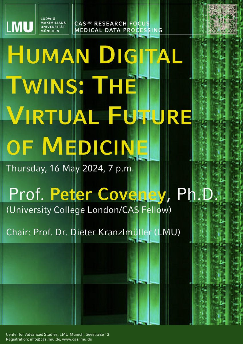 CAS_LMU (@cas_lmu) on Twitter photo On 16 May at 7 pm #CASFellow Peter Coveney <a href="/PVCoveney/">Peter Coveney</a> <a href="/bio_comp/">CompBioMed</a> <a href="/ucl/">UCL</a> <a href="/UvA_Amsterdam/">UvA Amsterdam</a> will give a talk on "Human Digital Twins: The Virtual Future of Medicine". Chair: <a href="/Kranzlmueller/">Dieter Kranzlmüller</a> <a href="/LRZ_DE/">LRZ</a>
#CASResearchFocus "Medical Data Processing“
👉Register now @info@cas.lmu.de
<a href="/AIatLMU/">AI@LMU</a> On 16 May at 7 pm #CASFellow Peter Coveney <a href="/PVCoveney/">Peter Coveney</a> <a href="/bio_comp/">CompBioMed</a> <a href="/ucl/">UCL</a> <a href="/UvA_Amsterdam/">UvA Amsterdam</a> will give a talk on "Human Digital Twins: The Virtual Future of Medicine". Chair: <a href="/Kranzlmueller/">Dieter Kranzlmüller</a> <a href="/LRZ_DE/">LRZ</a>
#CASResearchFocus "Medical Data Processing“
👉Register now @info@cas.lmu.de
<a href="/AIatLMU/">AI@LMU</a>