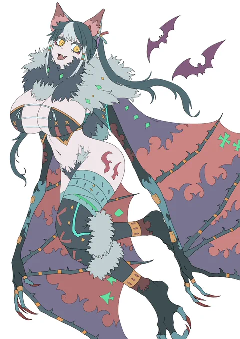 たまには描いてるイラストの過程を蝙蝠娘1枚目ラフ 2枚目線画 3枚目色の下地 