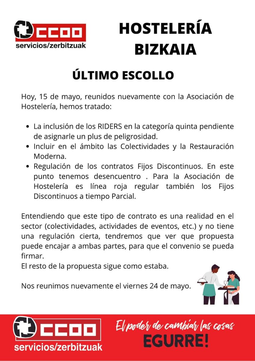 Hoy en la reunion de negociación del Convenio de Hostelería de #Bizkaia se han tratado temas importantes que se deben incluir en el convenio para su firma posterior, os dejamos el comunicado: