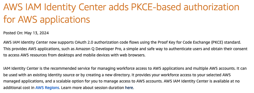 One of the most requested papercuts. 'This provides AWS applications, such as Amazon Q Developer Pro, a simple and safe way to authenticate users and obtain their consent to access AWS resources from desktops and mobile devices with web browsers.' aws.amazon.com/about-aws/what…