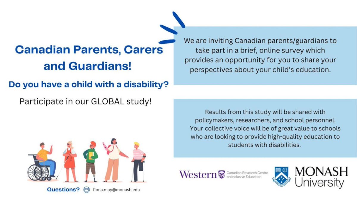 CANADIAN PARENTS are being recruited as part of a global study about the education of their child with a disability. Participate using the link: uwo.eu.qualtrics.com/jfe/form/SV_be…. #IAO #InclusionActionOntario #Research #Parents #Survey #Canada #Education