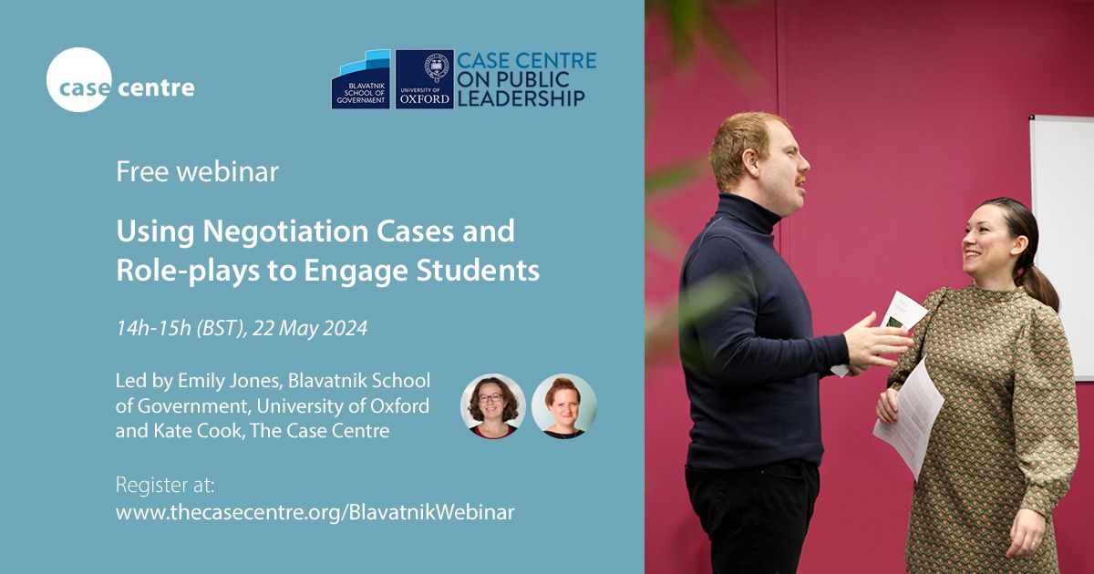 💻 1️⃣ WEEK TO GO 💻 Would you like to make your #caseteaching more engaging and interactive by using negotiation cases and role-plays? Attend this free #casewebinar with @BlavatnikSchool. 🗓 22 May 2024, 14h-15h (BST) 👩‍💻 Emily Jones, @cases_kate 👉 buff.ly/3GP944t