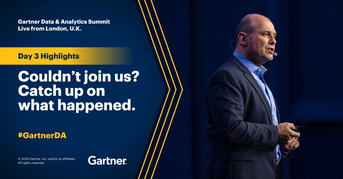 Catch up on #GartnerDA Day 3 in London. Highlights from the day include:
✅ Top trends in #AI 
✅Must-have roles and skills for #data, #analytics and AI 
✅ Decision intelligence platforms 

Learn more in the Gartner Newsroom: gtnr.it/3xF5GJ6   

#Data #Analytics