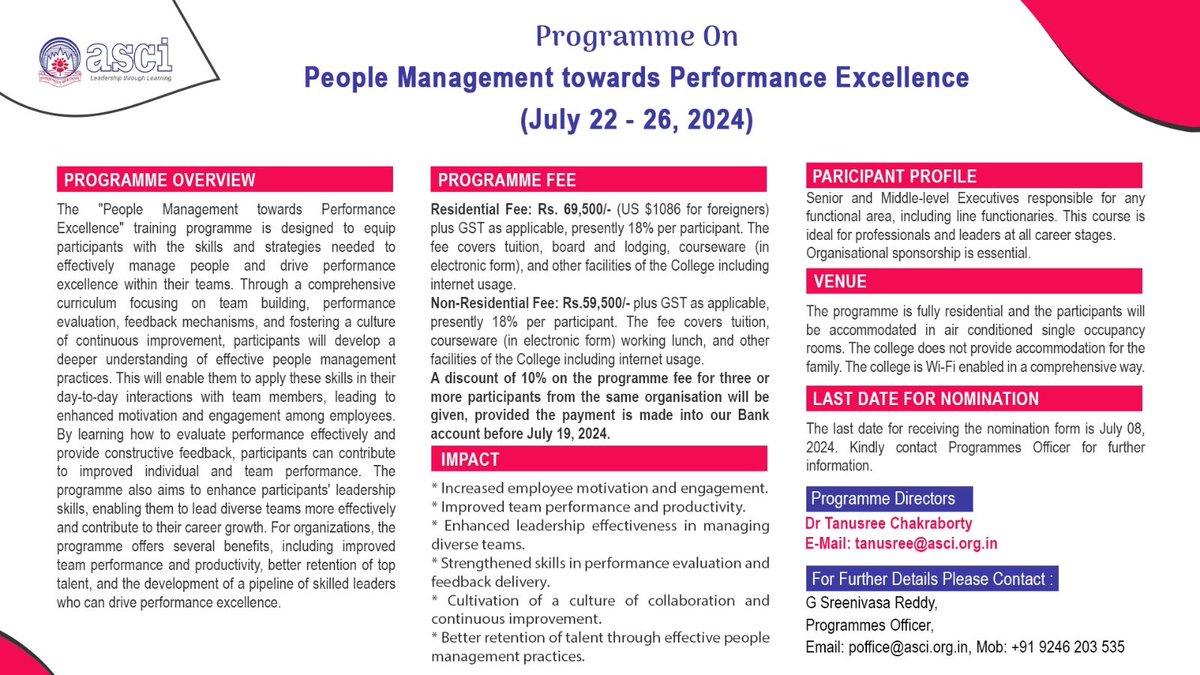 🌟Unlock Your Team's Potential with ASCI's Program on People Management Towards Performance Excellence.Are you ready to elevate your team's performance to new heights? Join us at the prestigious Administrative Staff College of India (ASCI) for an exclusive program Register now!