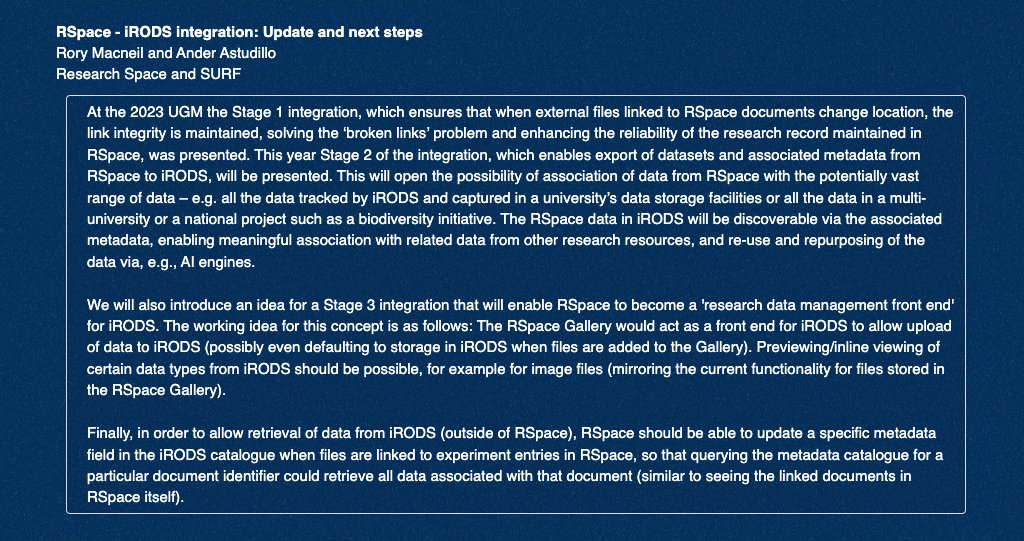 At the #iRODSUGM, @TheConnectedLab + @SURF_NL will share efforts to enable the export of #datasets + associated #metadata from #RSpace to #iRODS. Tune in on May 30 at 10 AM CET / 4 AM ET. #datamanagement #datastorage #opensource irods.org/ugm2024/