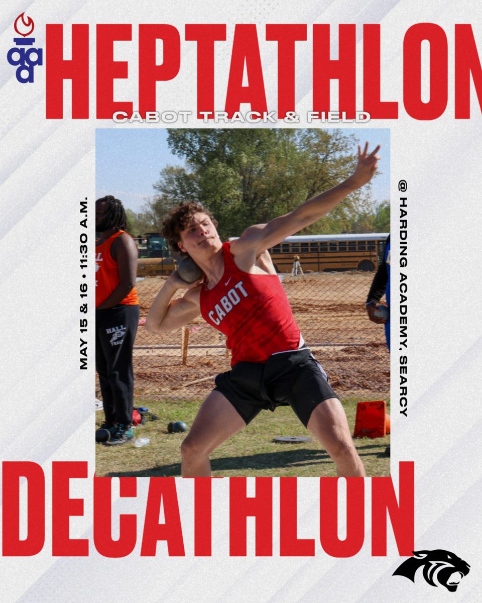Good luck to our Cabot track athletes who are participating in the two-day Heptathlon & Decathlon events in Searcy! ~May 15th & 16th~ Good luck Jordon, Hayes, Mason, Kenzie, & Karmen! @CabotTrack_XC @CabotHigh @ArkActAssn @corkeabeave @fisherdisher1 @cabotat