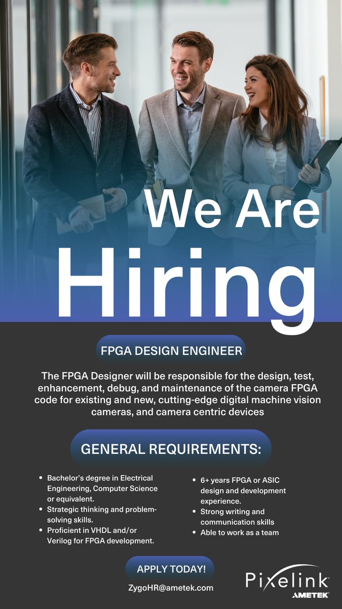 Join our team at Pixelink! 

Are you an FPGA Design Engineer looking for your next challenge? Look no further! Pixelink, a leader in digital camera technology for industrial applications is seeking a talented individual to join our team.

Apply today: jobs.ametek.com/job/Ottawa-Pix…