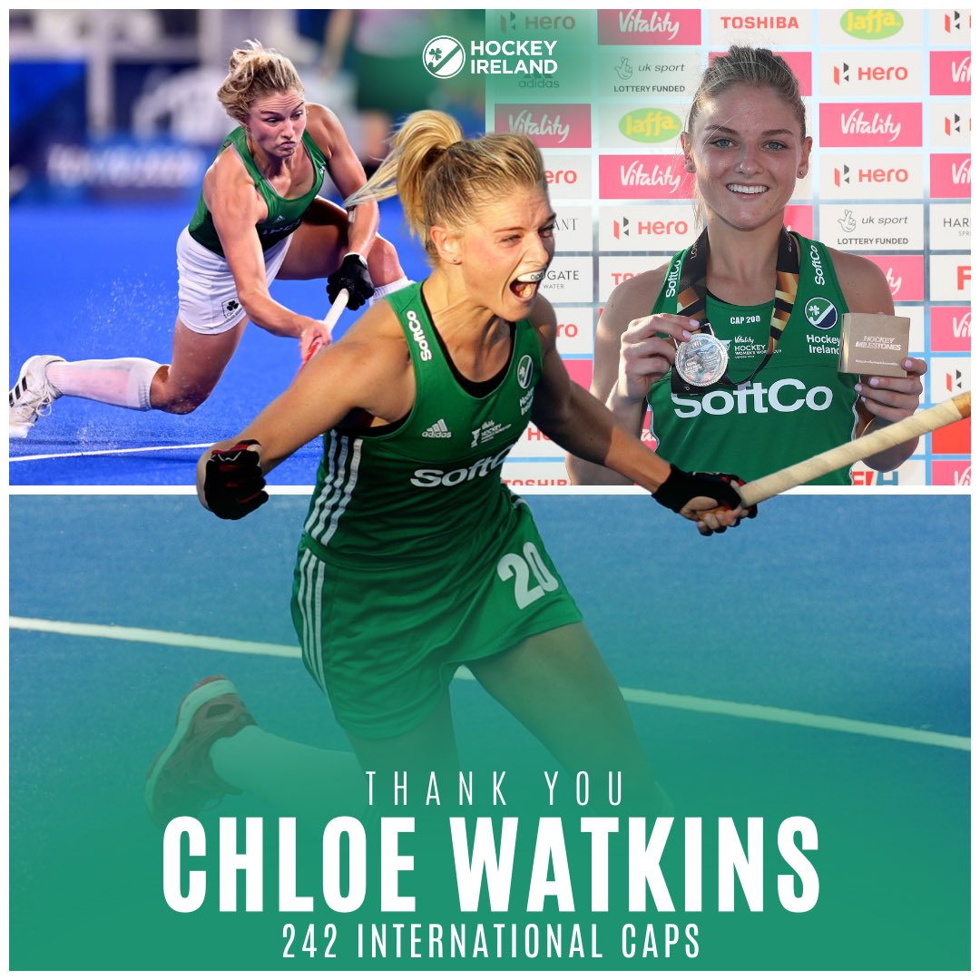 𝙏𝙝𝙖𝙣𝙠 𝙮𝙤𝙪, 𝘾𝙝𝙡𝙤𝙚 𝙒𝙖𝙩𝙠𝙞𝙣𝙨 Today, Chloe announces her retirement from International hockey. Since making her senior debut in 2010, Chloe earned 242 caps, making her one of Ireland’s most capped players. Thank you, Chloe.