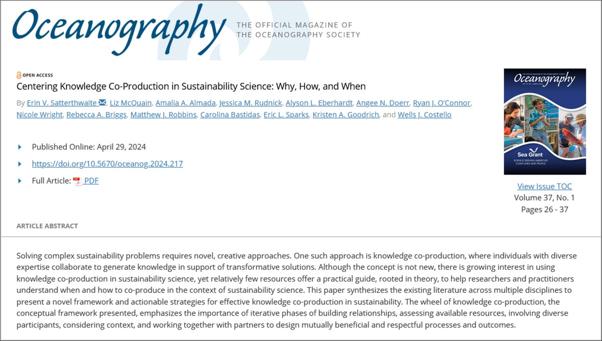 EIUI_Dal's tweet image. #CoproductionOfKnowledge is increasingly noted for “generating #PolicyRelevant, solutions-oriented, &amp;amp; socially robust knowledge” write Satterthwaite et al. They provide an informative synthesis of the literature &amp;amp; a novel framework for its application doi.org/10.5670/oceano…