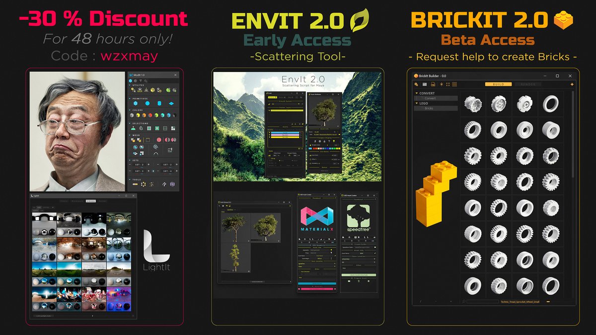 > -30% discount code for the WzxStore, only available for 48 hours with code : WZXMAY

> EnvIt 2.0 - Early Access : Scattering Script for Maya based on USD worflow.

> BrickIt 2.0 Beta - Become a Brick Builder to help me fill the Lego Library!

wzxstore.com