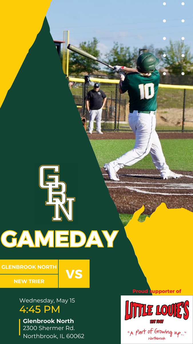 IT’S GAMEDAY! 🆚 @nt_baseball ⏰ 4:45 p.m. 📍 Glenbrook North ☀️ 65° #gritoverglory GBN Baseball is a proud supporter of @littlelouies67. Show this post within 48 hours and receive 20% off your entire meal. 📸: Adam Dubinsky