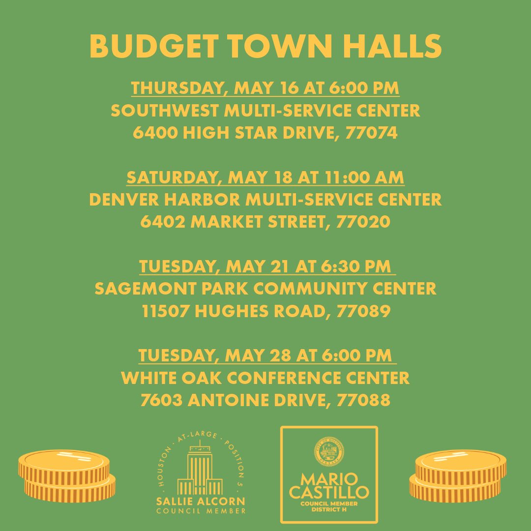 Rise and shine Houston!☀️ It’s time to dive in to the Fiscal Year 2025 City of Houston operating budget. These are YOUR tax dollars, so I want to hear from you. Budget workshops, town halls, and a survey. Get involved for your city! houstontx.gov/council/5/budg…