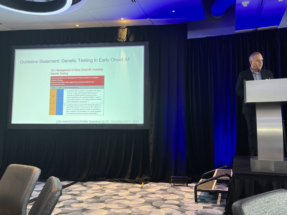 Marco Perez presents at 2024 Stanford Biodesign New Arrhythmia Technologies Retreat in Boston about guideline recommendations for genetic testing in AF patients less than 45 years age