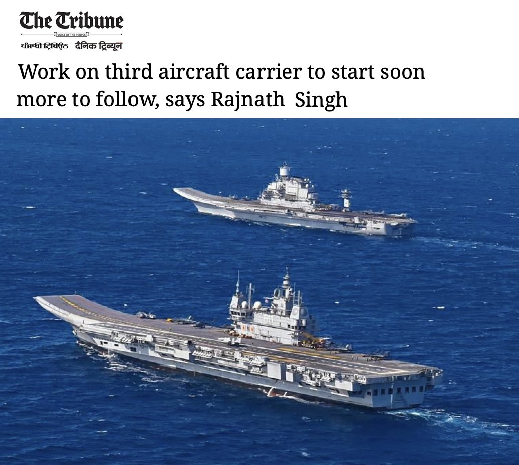 #India: Work on third aircraft carrier to start soon, more to follow, says Rajnath Singh “We will not stop at that (3 carriers). We will make five, six more.” 👀 Wow 👀 India will soon start making its third aircraft carrier, said Defence Minister Rajnath Singh while talking to