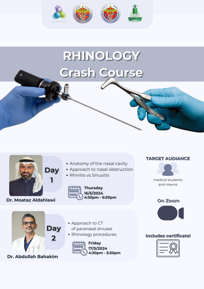 📣 Calling all aspiring rhinologists and ENT enthusiasts! 🩺👃
Join us for an immersive Rhinology Course where you'll dive deep into the fascinating world of nasal disorders 🌬️
Register now and take your ENT career to new heights 📚✨ 
forms.gle/Y53igMt34cXynV…
#TheENTCrashCourse