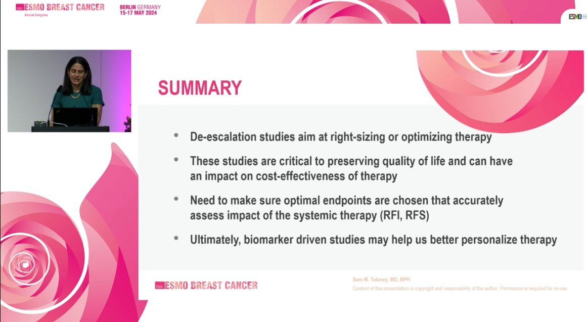 Terrific presentation by @stolaney1 at #ESMOBreast24, recapitulating 10+ years of de-escalation trials and novel frontiers for the tailoring of treatment in early-stage breast cancer, including promising biomarkers such as HER2DX, PET response and MRD. #ESMOAmbassadors #bcsm