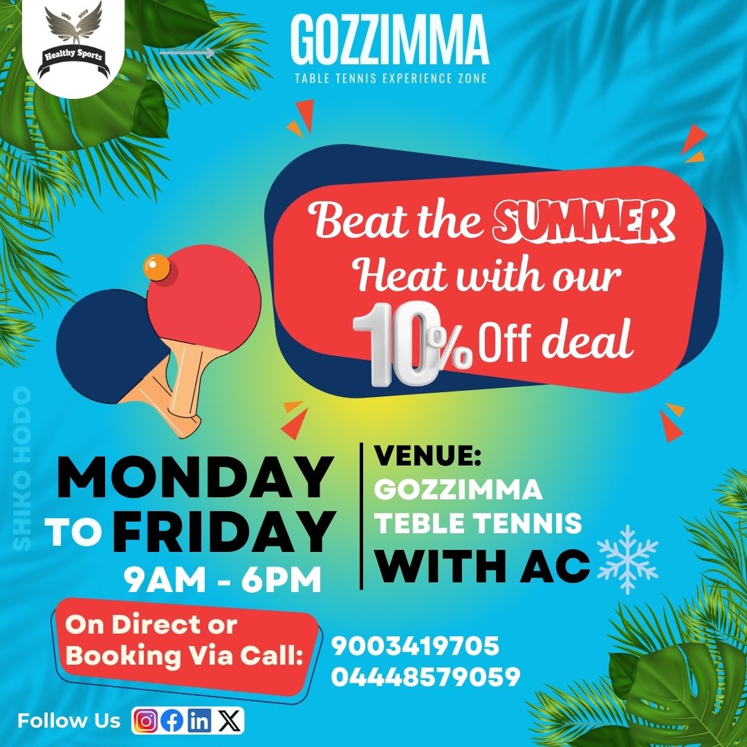 Beat the summer heat with our 10% off deal!
.
.
Monday-Friday, 9am-6pm at Gozzimma Table Tennis.
.
.
.
#tabletennis #TableTennisFun #tabletenniscoach #tabletennistraining #tabletenniscoaching #tabletennischallenge #gozzimma #summeroffer🌞