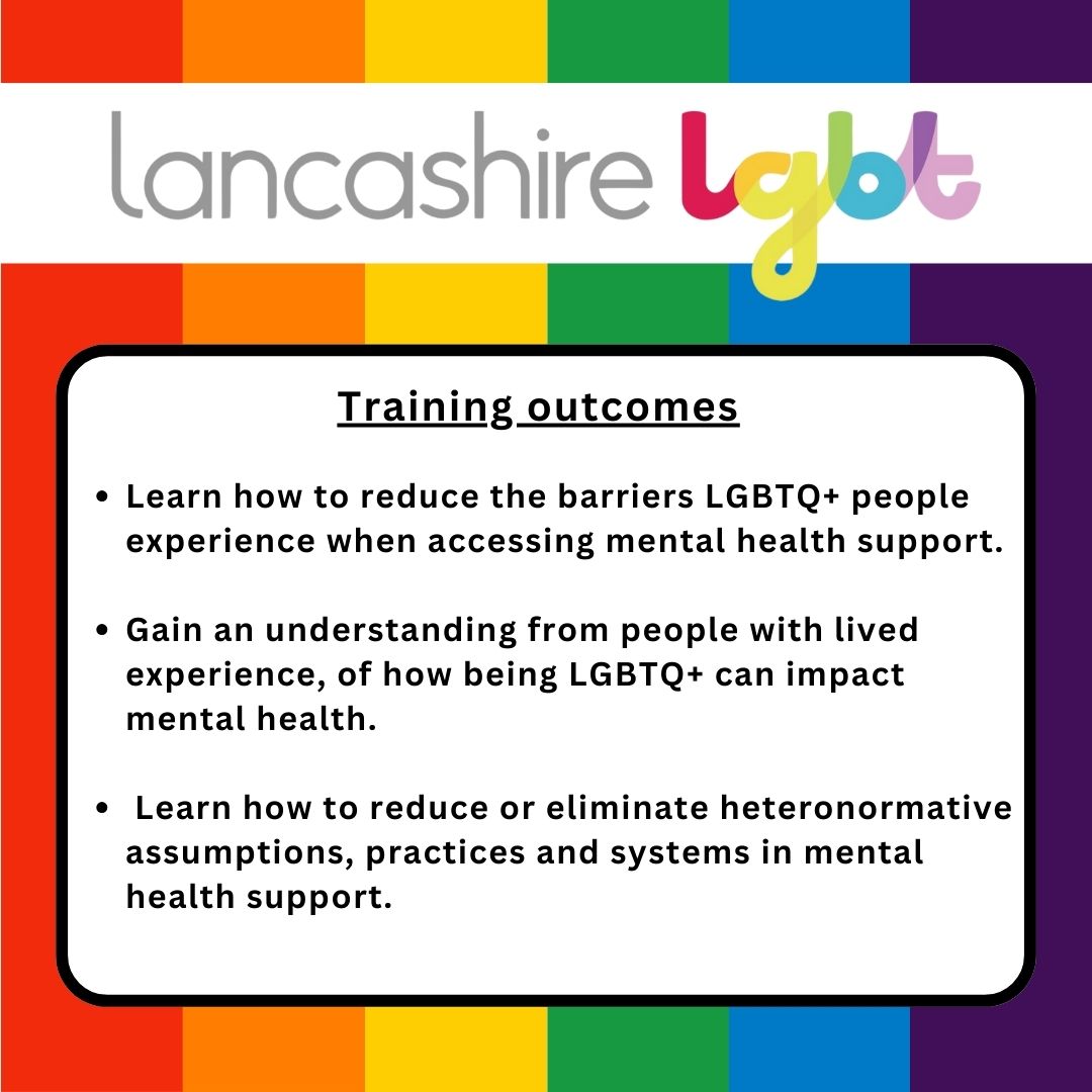 🚨FREE LGBTQ+ AWARENESS TRAINING🚨 FOR ANYONE WORKING IN A SUPPORT ROLE IN LANCASHIRE AND SOUTH CUMBRIA The focus of the training will be on the experience of LGBTQ+ people accessing mental health services, with the aim of improving access and removing barriers Link in bio