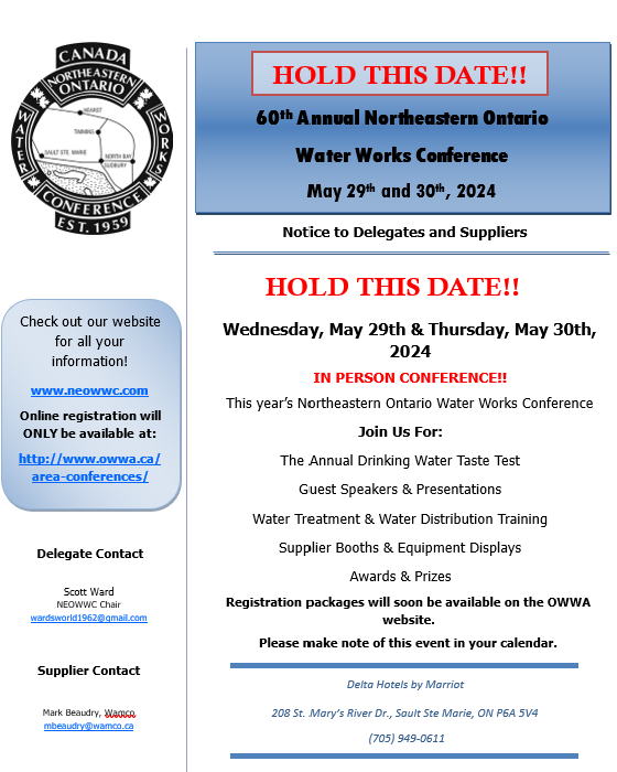 Register Now for the 2024 Northeastern Ontario Water Works Conference, in Sault Ste Marie from May 29-30th! 

For more information and registration, please visit: owwa.ca/events/index.h… 

Hotel Accommodations are still available!
