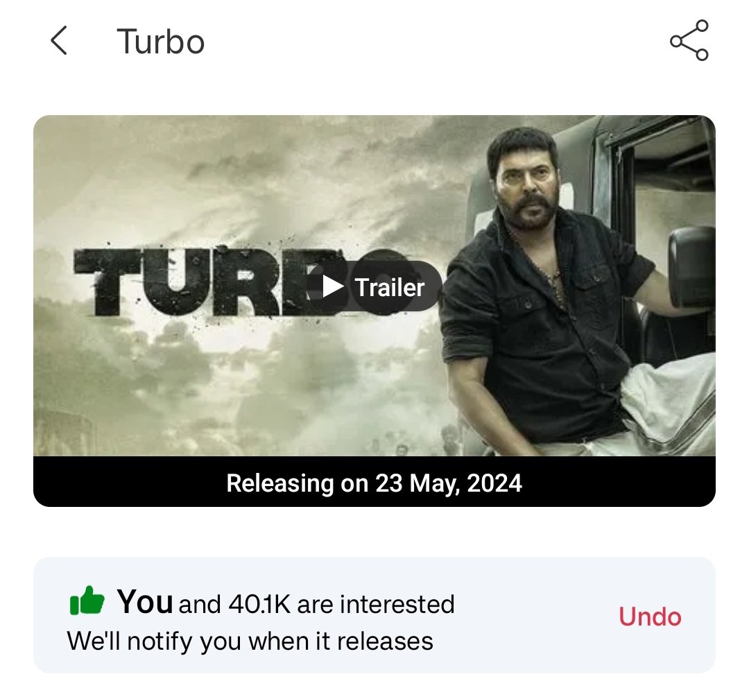 40.1K interests and counting 🔥 In 3 days, the interests have almost doubled 🔥 14K increase after trailer release alone 🔥 Register your interest ASAP🤘🏽 The link is given below: in.bookmyshow.com/kochi/movies/t… #Mammootty #Mammukka #TurboFromMay23 #MammoottyKampany #Turbo