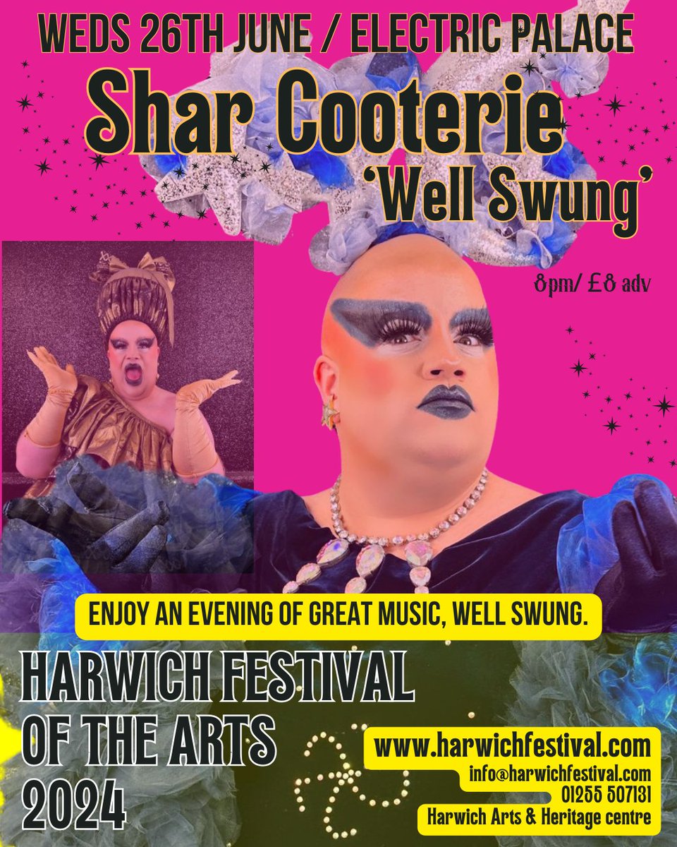 Harwich Festival of the Arts 2024 Shar Cooterie: Well Swung Weds 26th June: 7.30pm The Electric Palace Cinema Tickets: rb.gy/n381yq Shar Cooterie, the Queen of the Deli, will serve you up a little sweet, a little sour, a little sass and a lot of power. #HF2024 #Drag