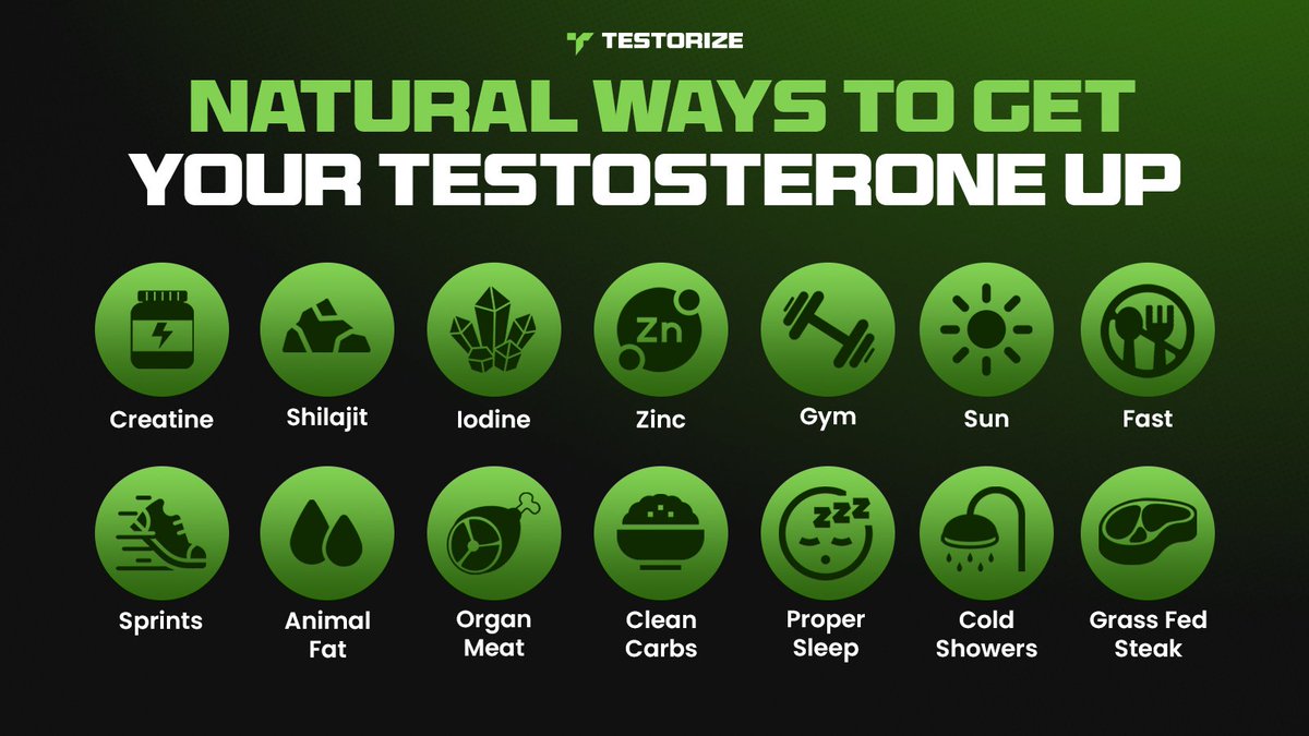 Natural ways to get your Testosterone up:

→ Creatine
→ Shilajit
→ Iodine
→ Zinc
→ Gym
→ Sun
→ Fast
→ Sprints
→ Animal Fat
→ Organ Meat
→ Clean Carbs
→ Proper Sleep
→ COLD Showers
→ Grass Fed Steak

What am I missing?