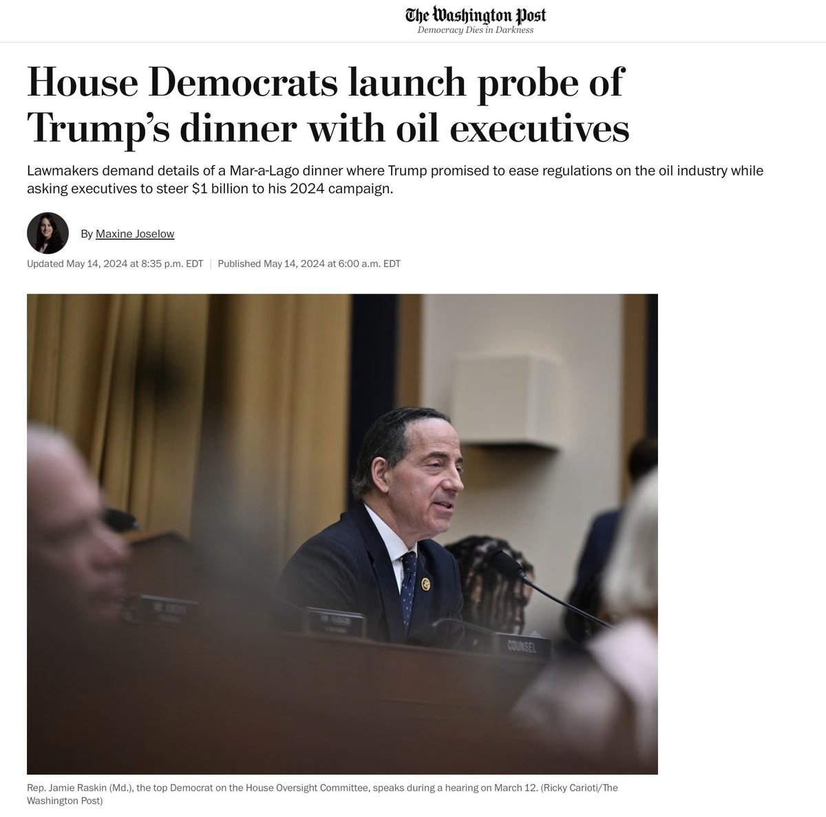 More election interference from House Democrats who are now trying to criminalize Big Oil's support for @realDonaldTrump: Rep. Jamie Raskin (Md.), the top Democrat on the House Oversight Committee, asked the executives to provide the names and titles of any company