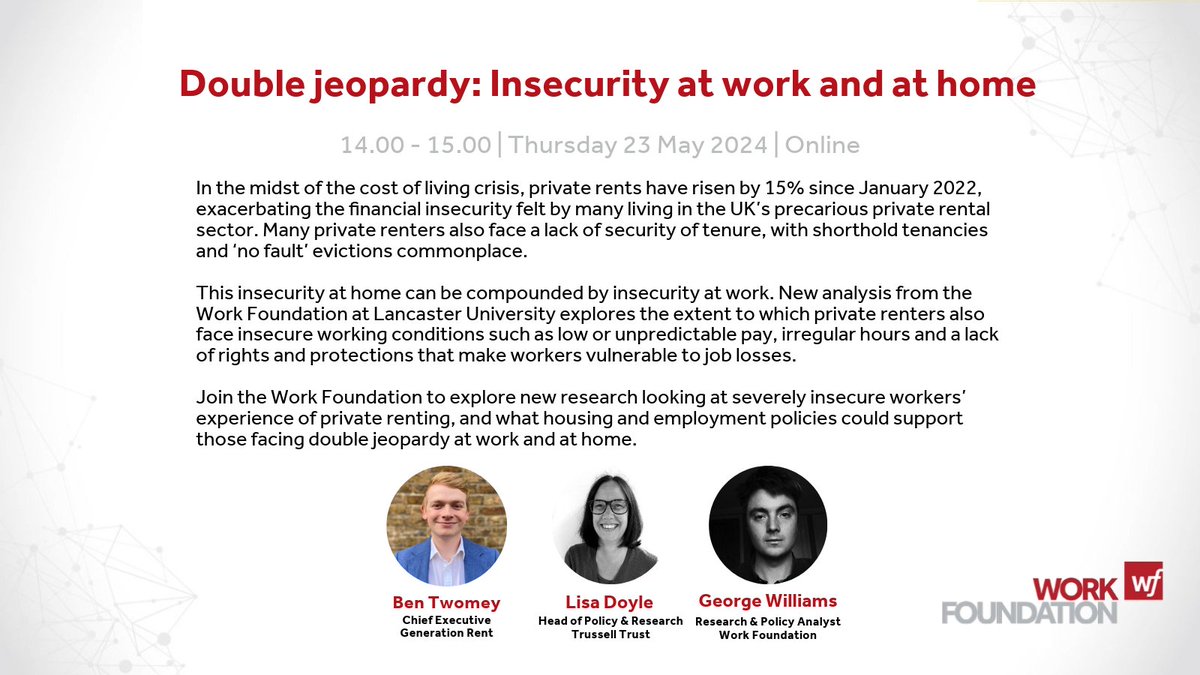 🚨Join us 2pm Thursday 23 May as we explore new research looking at severely insecure workers' experience of private renting, and what housing and employment policies could support those facing double jeopardy at work and at home.⬇️ 🎟️eventbrite.co.uk/e/double-jeopa…