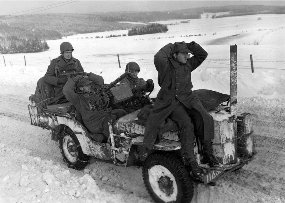 Sgt. Clarence Pfeifer (with machine gun), and Pfc. Sherman Maness (driver) bring in two German prisoners captured near Longchamps, Belgium January 15, 1945. #wednesday #jeeplife #legendary1941 #jeep #history #vintage #military #ww2 ...... 📸 S. Slevin, 167th Signal Photo Co.
